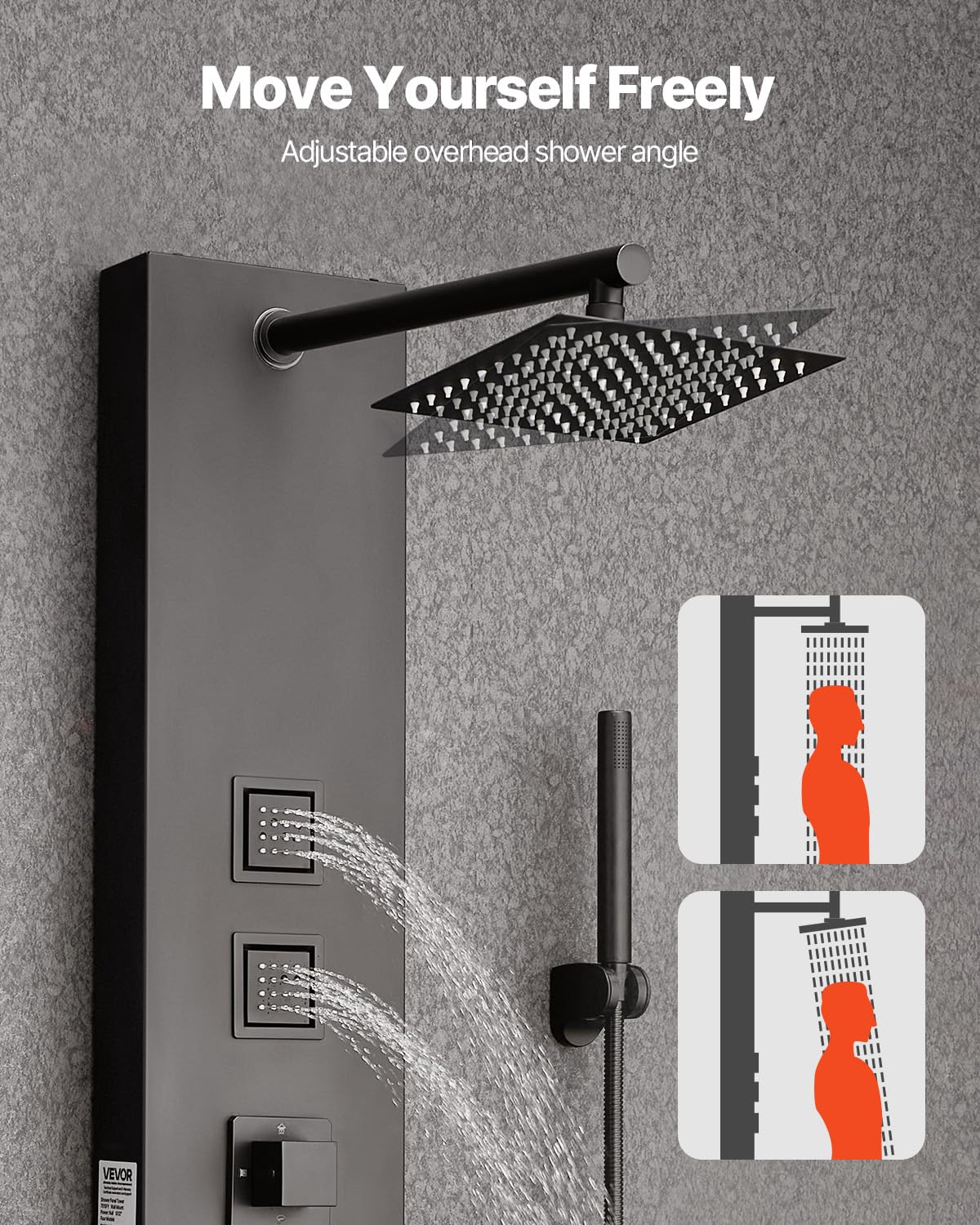 VEVOR Shower Panel Tower System with Rainfall Shower Head, 49 in Brushed Stainless Steel Shower Column, 4-Function Faucet, Wall-Mount Rain Massage System, with 4 Body Jets, Handheld, and Tub Spout