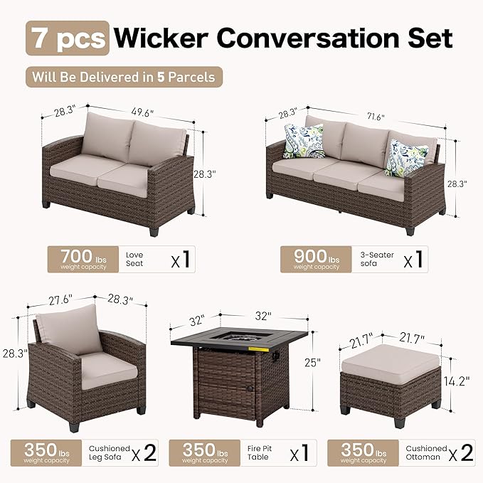 SUNSHINE VALLEY Patio Furniture Set Outdoor Furniture Brown Wicker Rattan Patio Conversation Sets with Cushion Outside Sofa Set,6 Pieces with Firepit Table,9 Seats,Beige