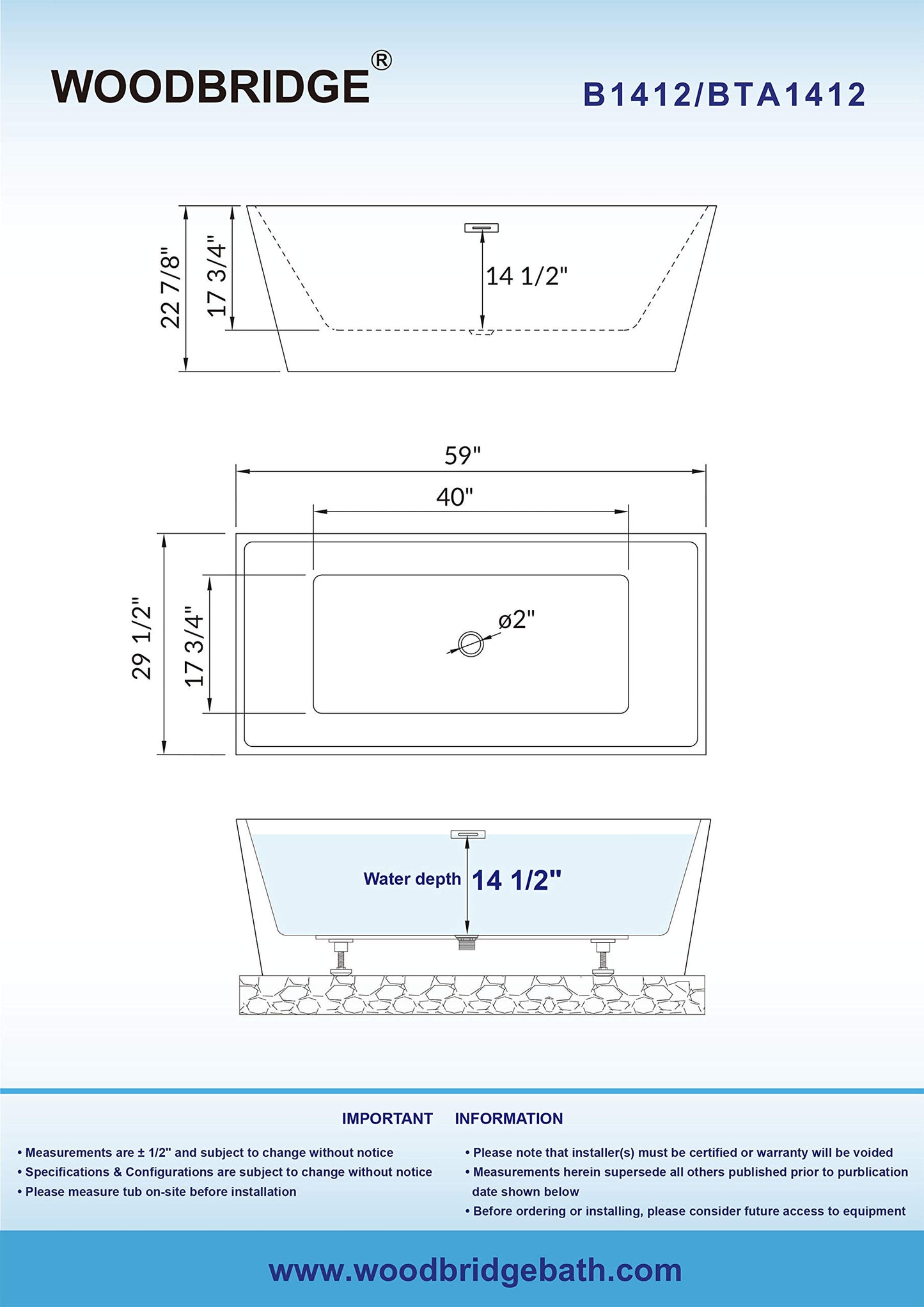 WOODBRIDGE 59" Acrylic Freestanding Bathtub Contemporary Soaking White Tub with Brushed Gold Overflow and Drain，BTA1412-BG-Drain&O