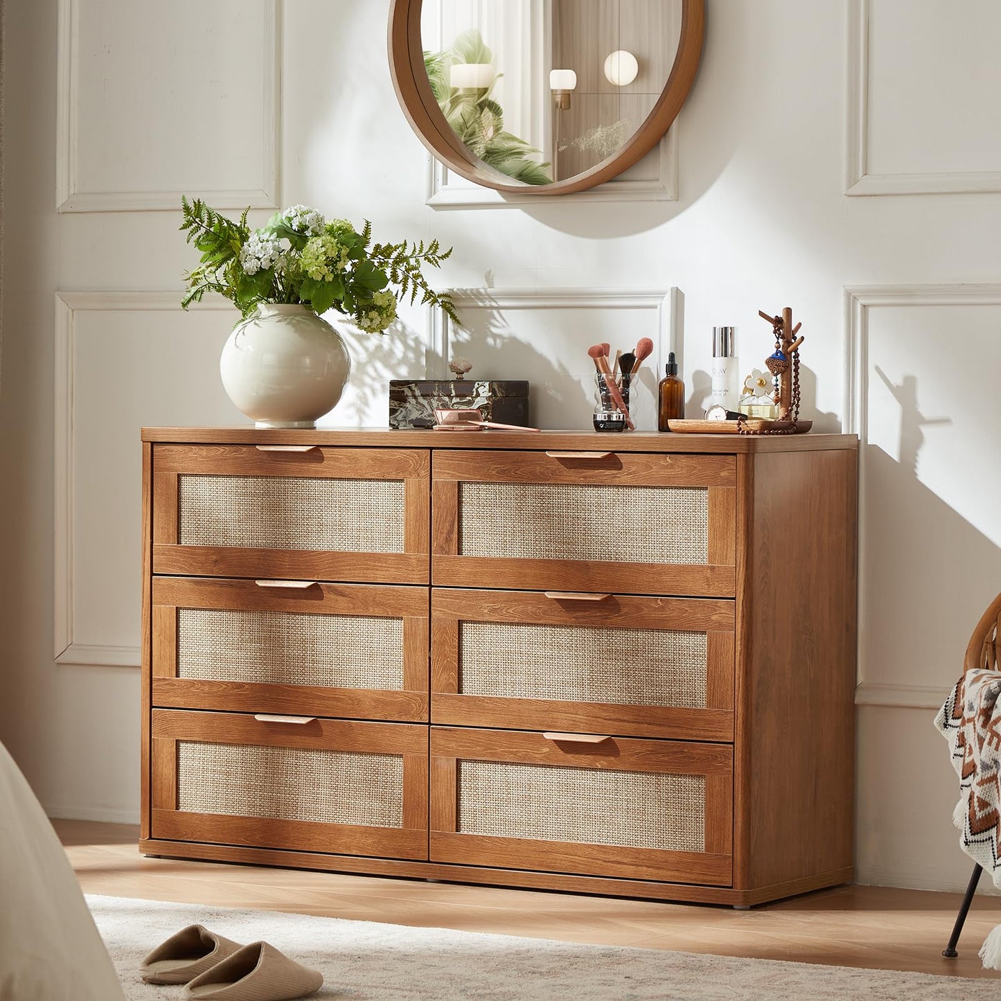 LEYAOYAO Rattan Dresser and Nightstand Set of 2, Boho Wood Dresser for Bedroom with 6 Drawers and Night Stand with Charging Station, Bedroom Furniture, Dressers & Chests of Drawers,Living Room,Hallway
