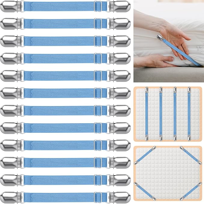Boao 12 Pcs Bed Sheet Clips Straps Sheet Corner Straps Holder Adjustable Mattress Clips, Elastic Bed Grippers Suspender Fasteners Holder for Home(Sky Blue,4-8 Inch Length)