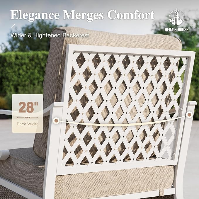 HERA'S HOUSE 4-Piece Patio Furniture Set with Metal & Rattan Design, Includes 2 Swivel Chairs, 3-Seat Sofa & Marble Coffee Table, All-Weather Outdoor Conversation Set for Garden Backyard, Beige