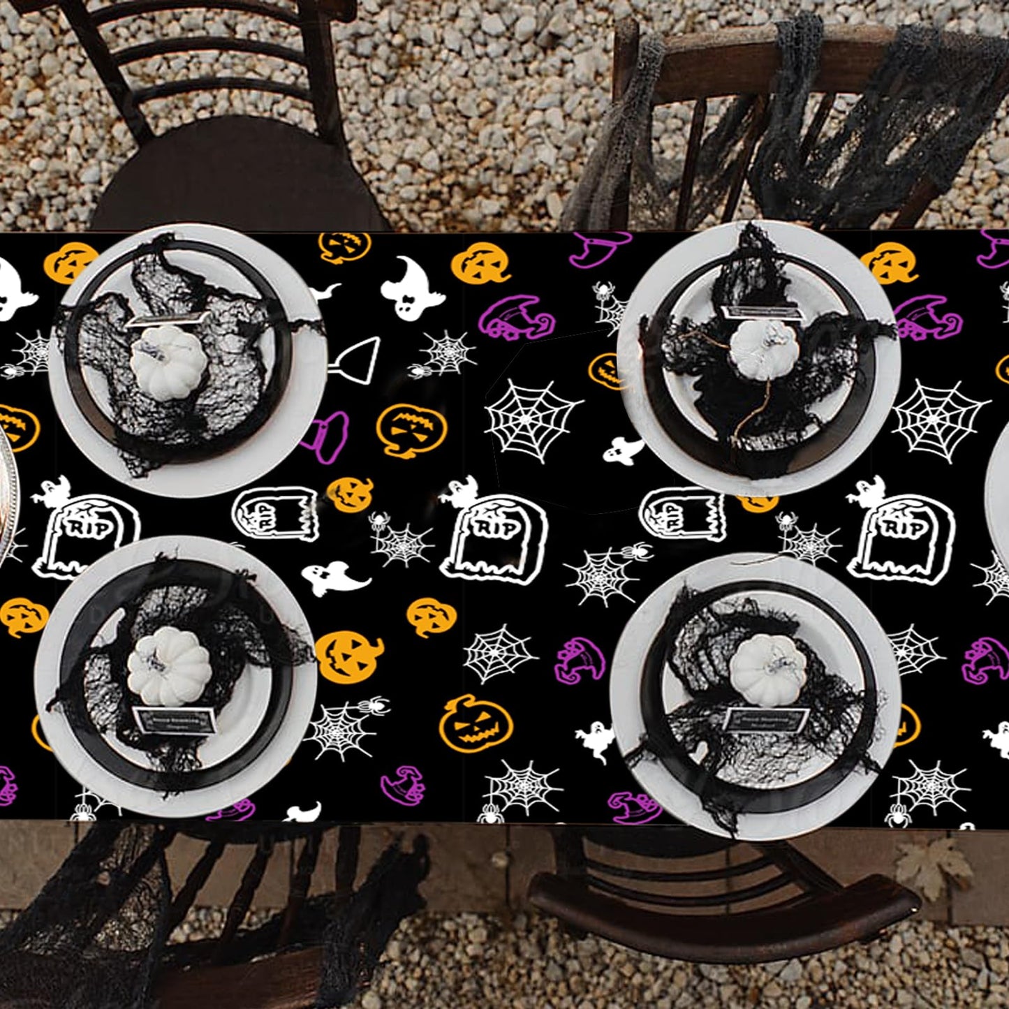 Plastic Spider Web Tablecloth - Disposable Halloween Table Cover for Haunted House Decorations - Black Rectangle - Tabletop Decor (54" x 108")