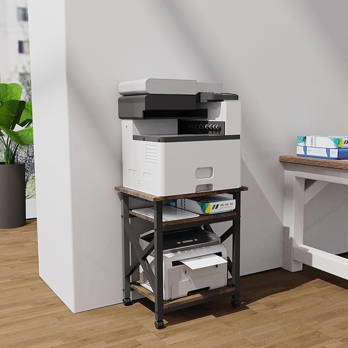 MILEFA Large 23.6 x 23.6 Inches Printer Stand with 3 Tiers, Height Adjustable Storage Shelf, Rolling Printer Cart with Industrial Wheels - Rustic Brown Home Office Printer Table