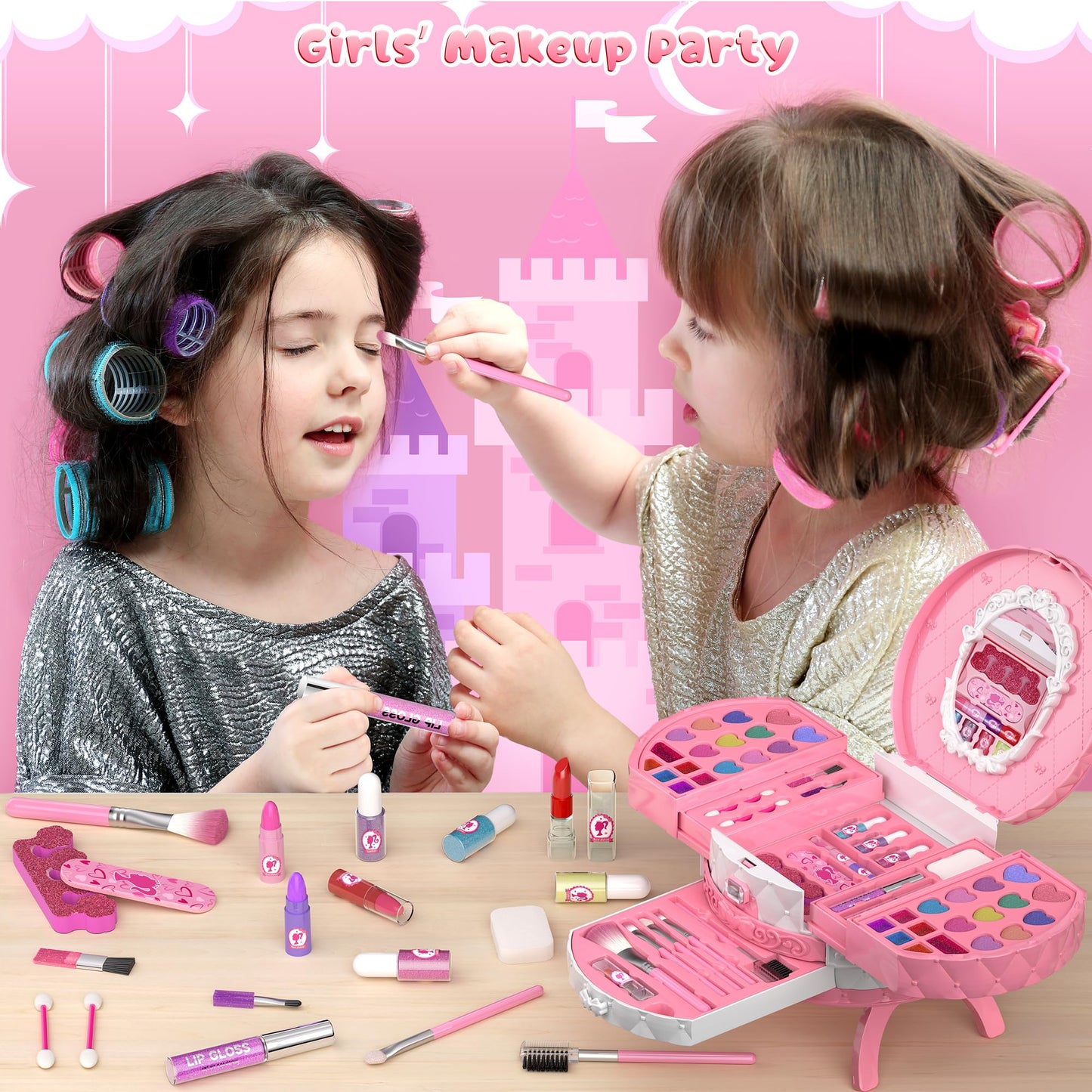 PERRYHOME Kids Makeup Sets for Girls 5-8, 57 Pcs Kids Makeup Kit for Girls Non-Toxic Washable Real Cosmetic Set, Toddlers Birthday Gifts Princess Toys for 3 4 5 6 7 8 9 10 11 12 Year Old (Pink)
