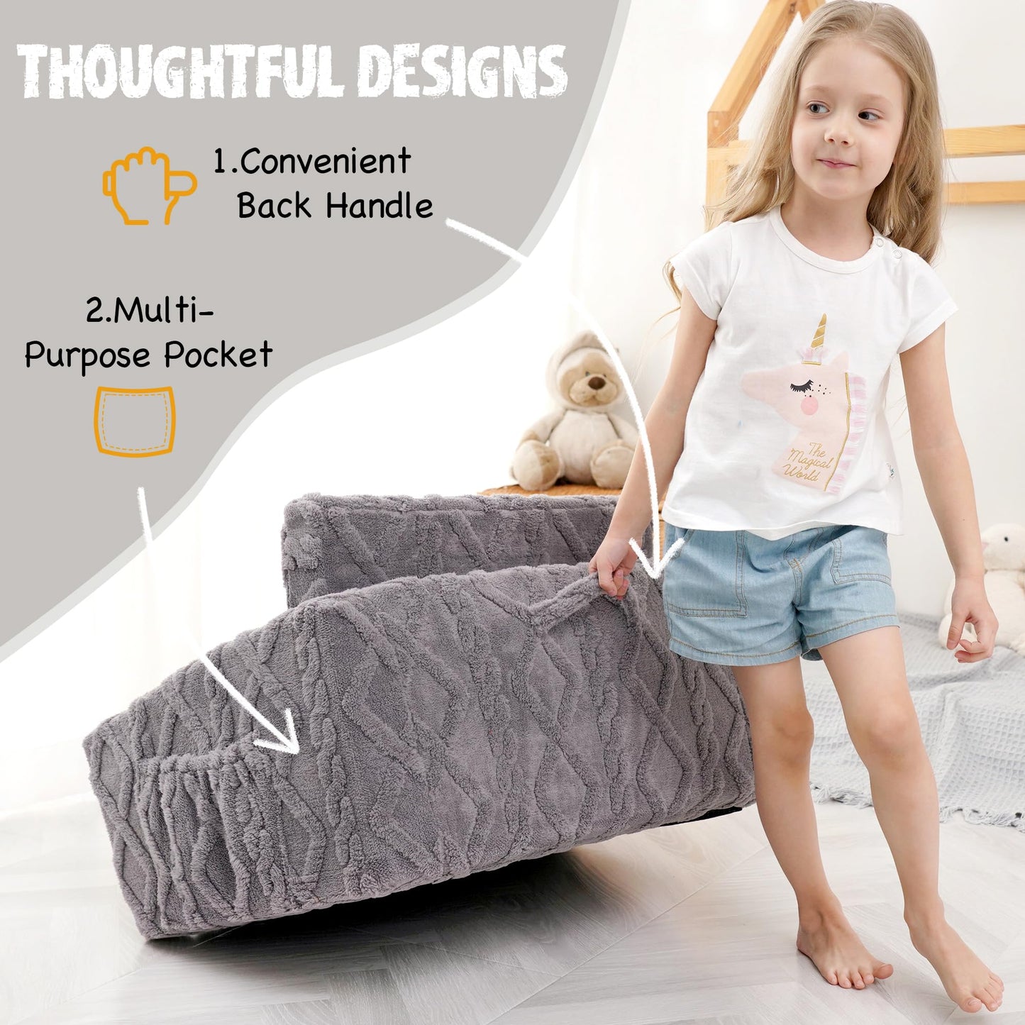 MallSingel Toddler Couch for Kids – 2-in-1 Fold Out Sofa and Lounger, Soft Flannel Convertible Chair, Flip Open Kids Couch (Grey)
