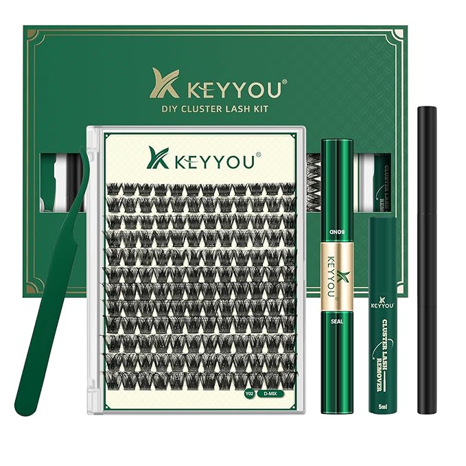 KEYYOU Lash Clusters Kit 144pcs Thick Volume D Curl Eyelash Clusters Lash Extension Kit with Mascara Brush Bond and Seal G...
