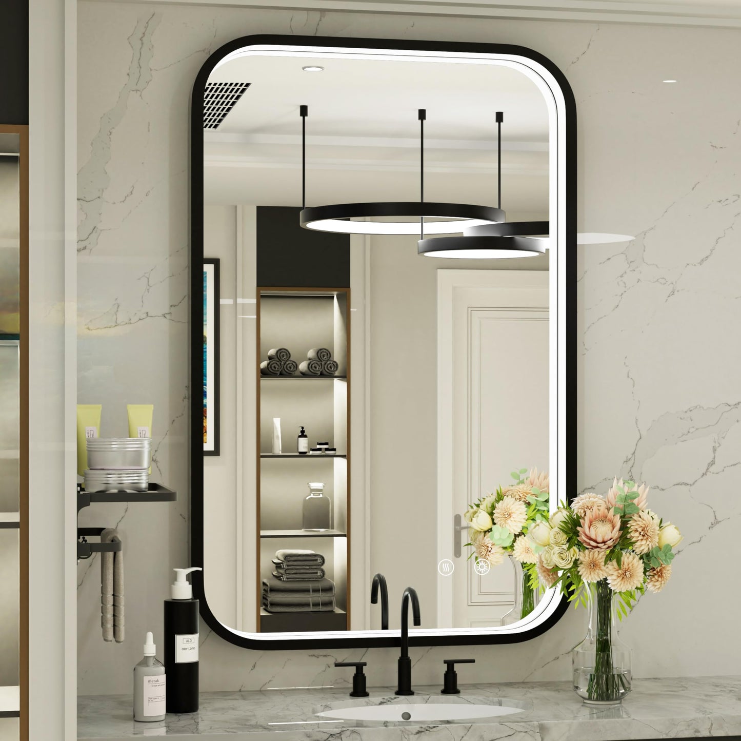 JSneijder 24x36 Inch LED Bathroom Mirror with Lights, 3000K/4500K/6000K, Wall Mounted Black Lighted Vanity Mirror for Bathroom, Stepless Dimmable, Memory Function, Anti-Fog, Horizontal/Vertical