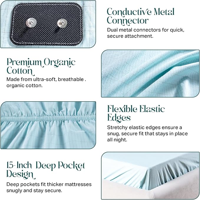 KONDITO Luxury Grounding Sheets King, 90% Organic Cotton+ 10% Pure Silver Fiber,Grounded Bed Sheet Kit, Deep Pocket Grounded Bed Sheet, Relieves Pain - Used for Healthy Sleep Therapy - Seafoam Silver