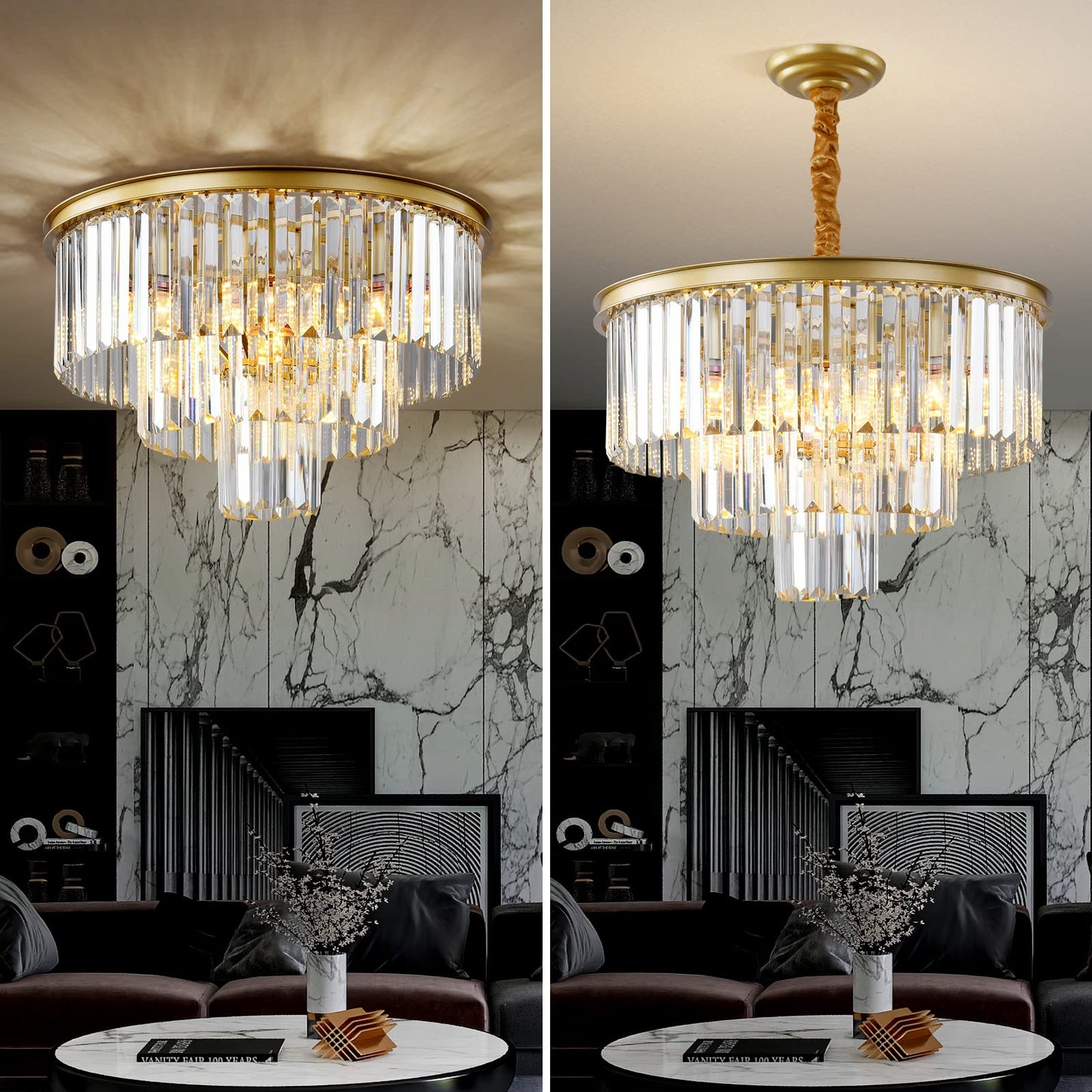 Laiuetai Gold Modern Crystal Chandelier, 3-Tier Round Flush Mount Ceiling Light Fixtures Height Adjustable Pendant Lighting for Dining Room Living Room Bedroom Kitchen Hotel Foyer