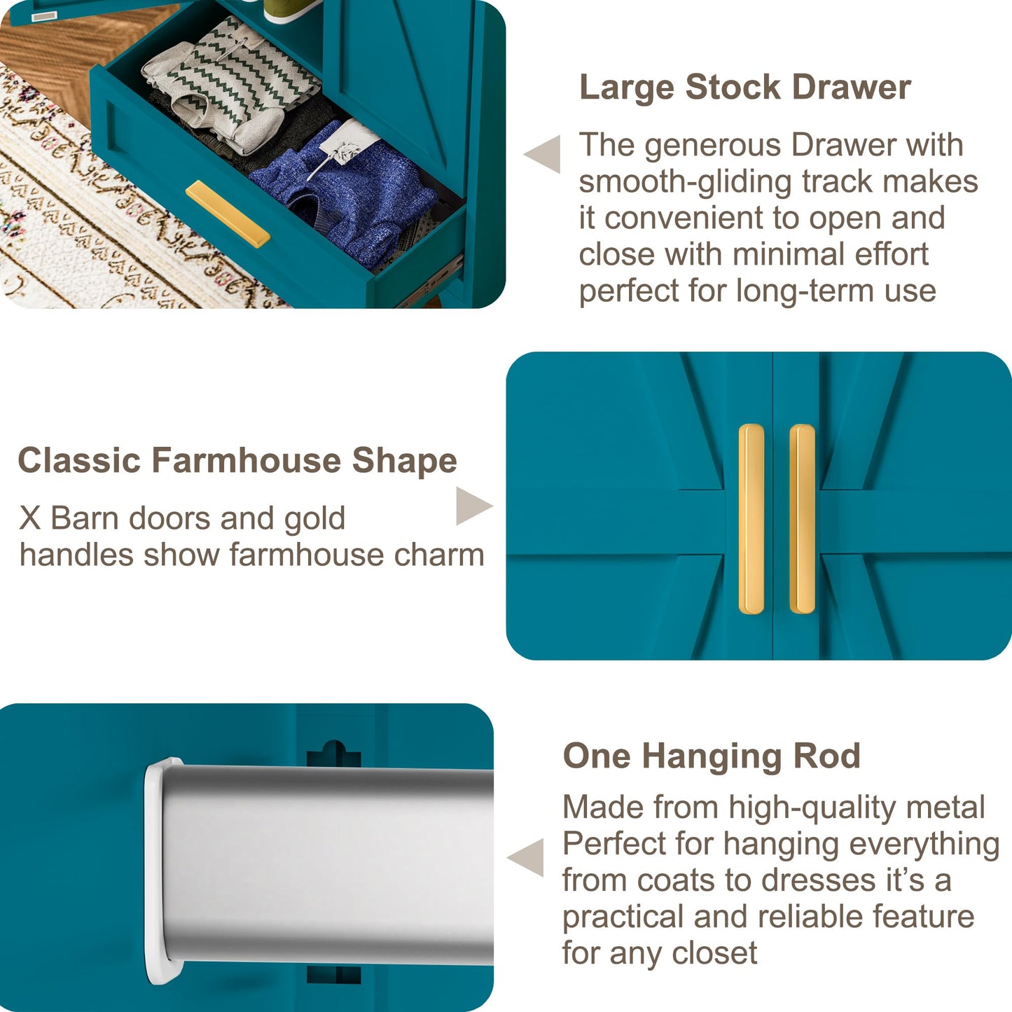Baborokic Metal Wardrobe Cabinet with Hanging Rod, 71" Armoire Wardrobe Closet with 2 Drawers,Farmhouse Metal Clothing Storage Cabinets with Door and Adjustable Shelves for Bedroom,Laundry Room(Blue)