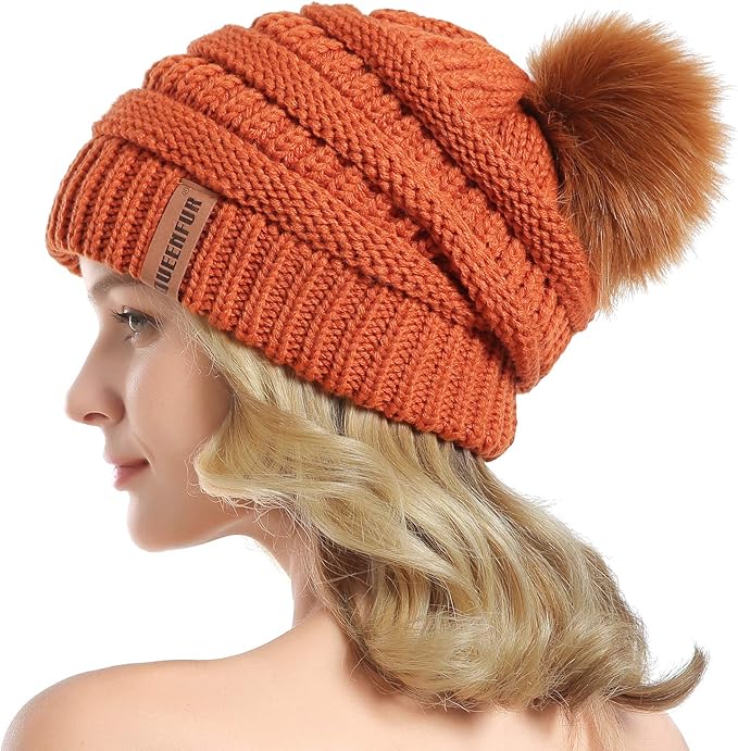 QUEENFUR Women Knit Slouchy Beanie Chunky Baggy Hat with Faux Fur Pompom Winter Soft Warm Ski Cap