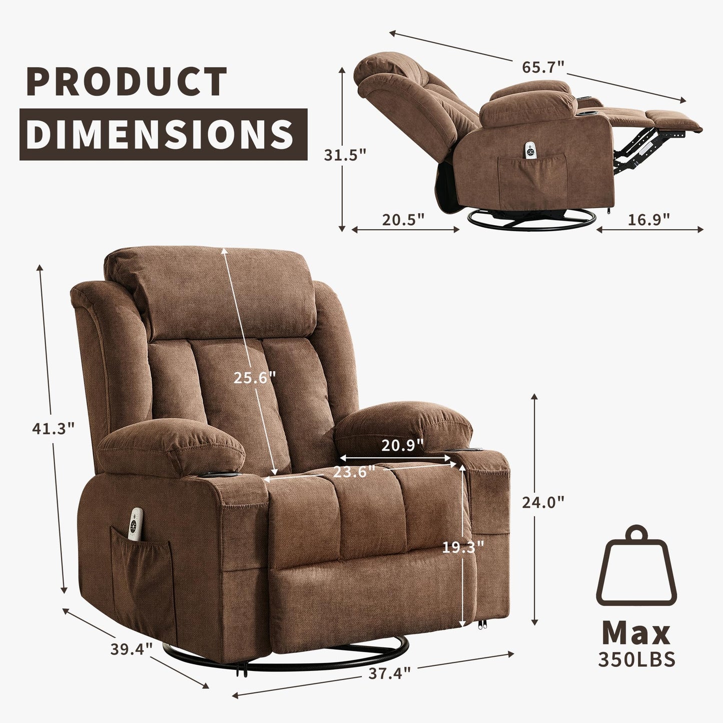 Oversized Manual Rocker Recliner Chair with 360° Swivel – Heat & Massage, Remote Control, Cup Holders, Side Pockets, USB Charging – Large Comfortable Living Room Lounge, Brown, Perch Depth 57CM