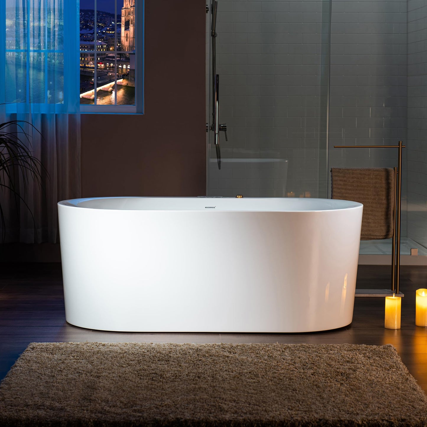 WOODBRIDGE 59" x 31-1/2" Whirlpool and Air Bath Heated Soaking Combination Tub with Adjustable Speed Air Blower and Display Control Panel, Brushed Gold Finish Trim and Drain Kit,BG100