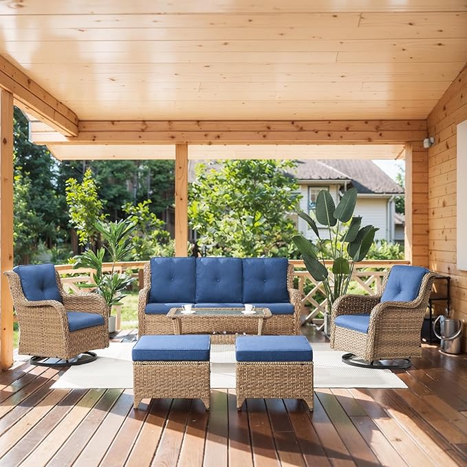 Belord Wicker Outdoor Furniture Patio Furniture Set - 6 Piece Patio Conversation Set with Swivel Rocker Chairs, Rattan Sofa, Ottomans and Coffee Table, Blue Cushion