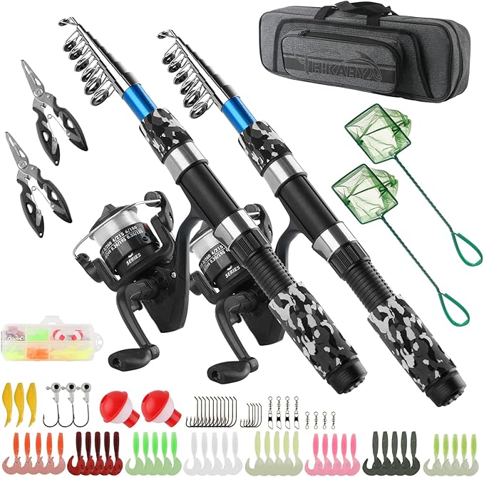 Fishing Rod Reel Combos Collapsible Fishing Rod Kit, 2PCS Telescopic Fishing Pole+2PCS Spinning Reels+Lures Hooks+Tackle B...