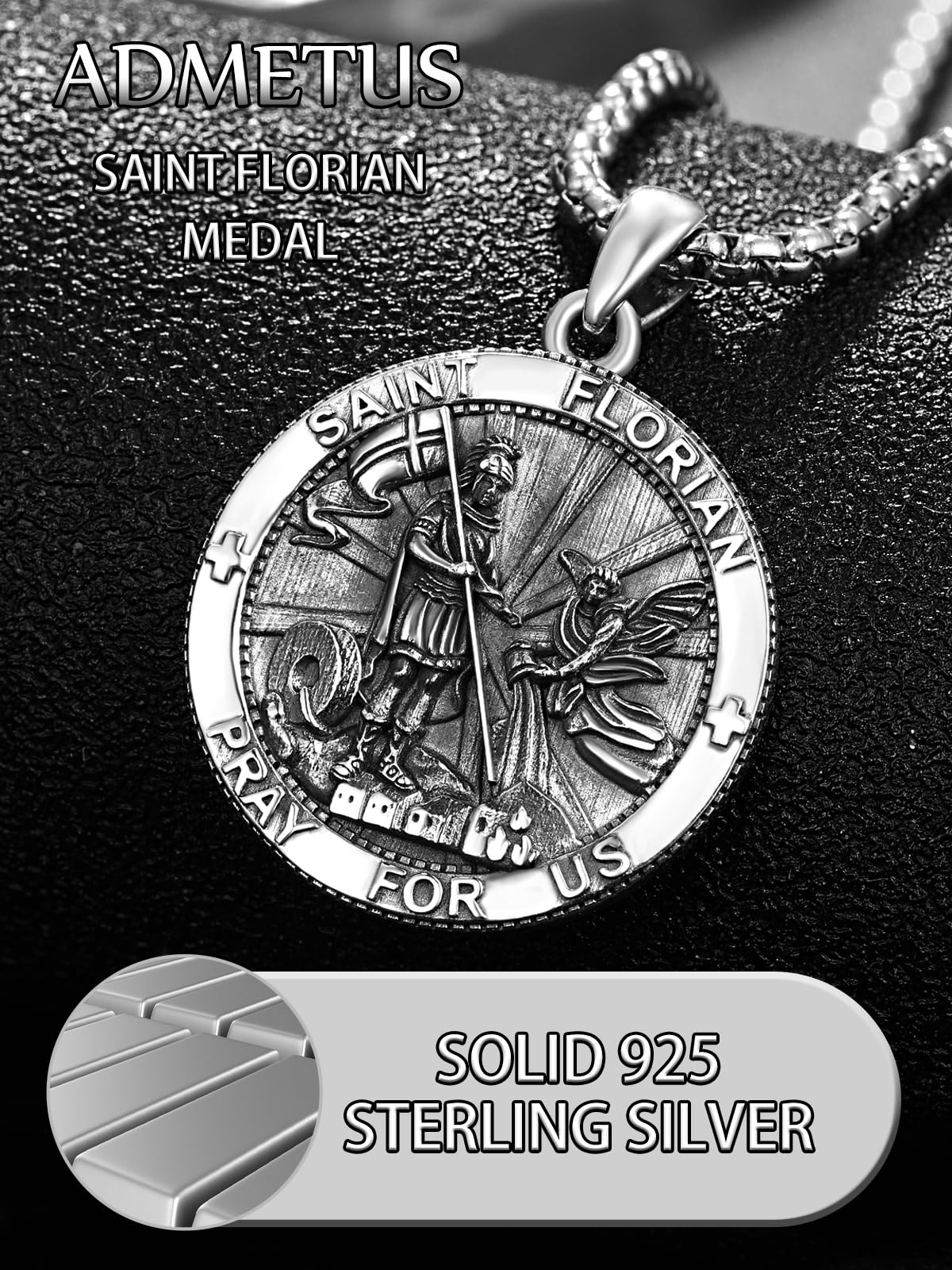 ADMETUS Sterling Silver St Florian Firefighter Necklace for Men Saint Florian Pendant Medal Amult Protection Jewelry Religious G