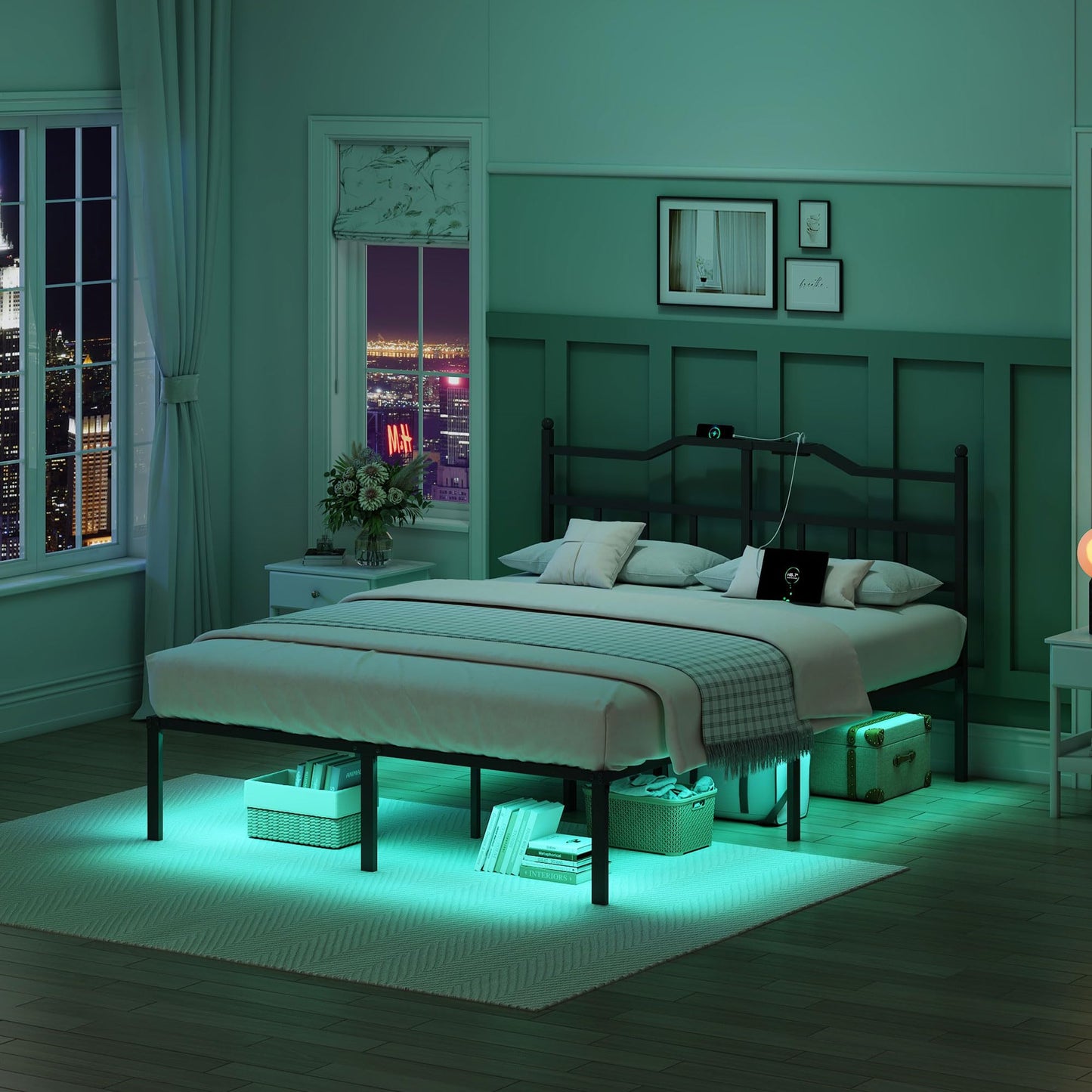 YORMDMO Full Bed Frame with LED Lights, 14 inch Metal Bedframe with Headboard, Outlets & USB, Heavy Duty Basic Steel Slats Platform, Noise Free, No Box Spring Needed
