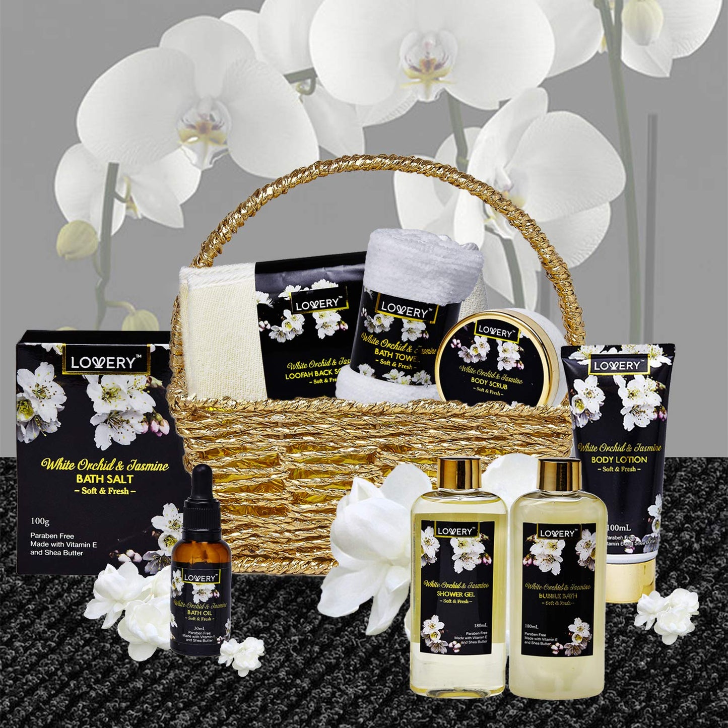 Birthday Gifts for Mom, Bath and Body Gift Basket for Women and Men – Orchid & Jasmine Home Spa Set With Body Scrubs, Lotions, Oils, Gels and More - Care Package for Women & Men - 9 Piece Set