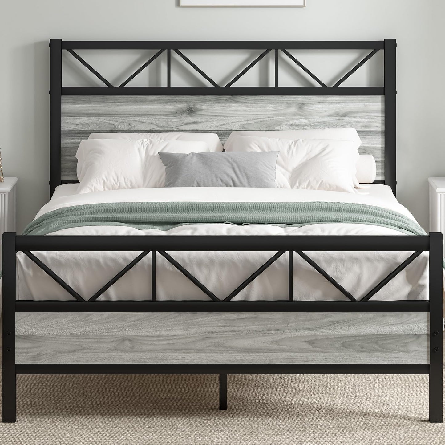 CHABUILDREARK Queen Bed Frame with Headboard, Industrial 51.2" Tall Headboard, Queen Platform Bed Frame with Heavy Duty Metal Slats Support, No Box Spring Needed, Noise-Free, Easy Assembly, Wash Grey