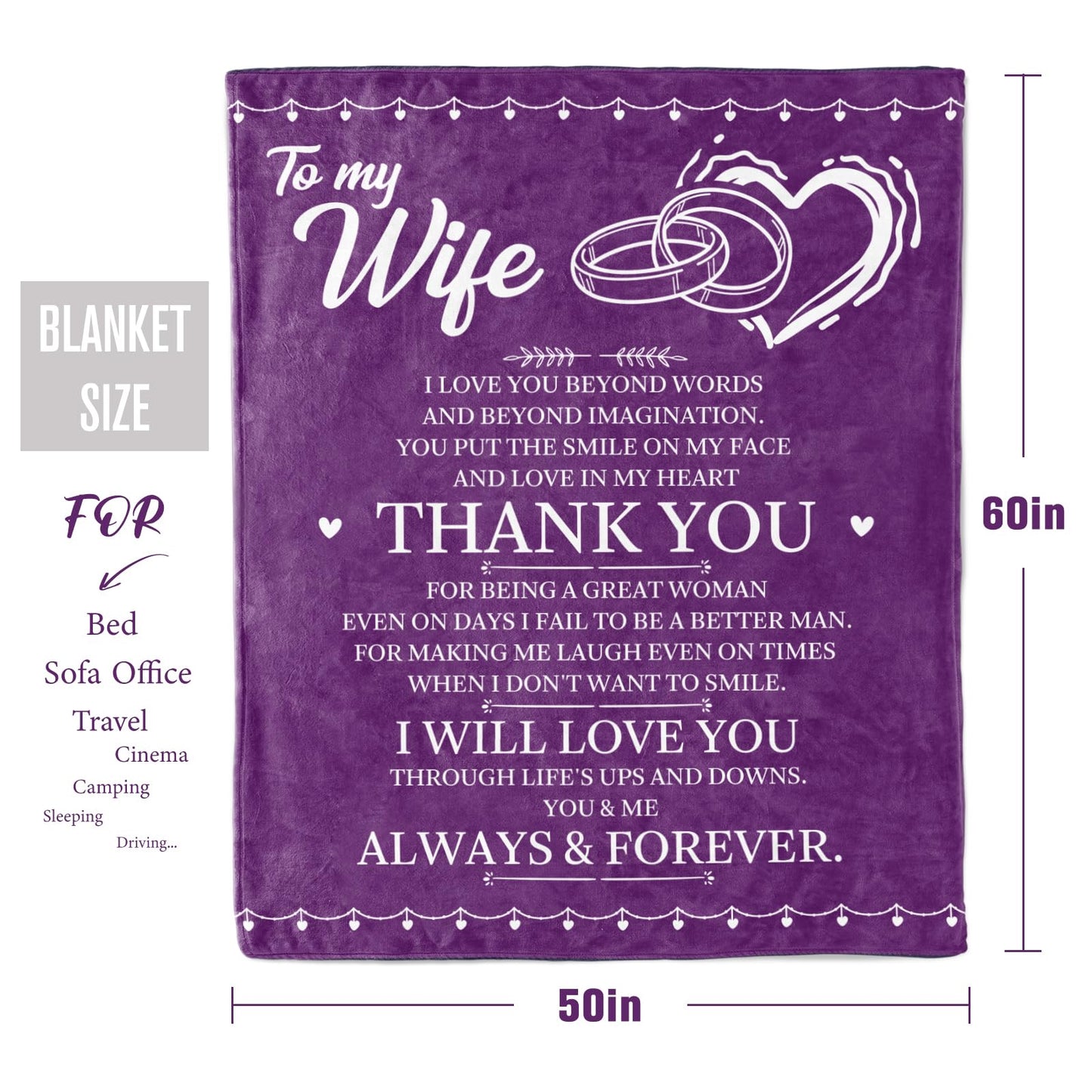 DOCRAGI Anniversary Birthday Gifts for Wife Her Women, Wife Birthday Gift Ideas, to My Wifes Purple Throw Blanket 60"x 50"
