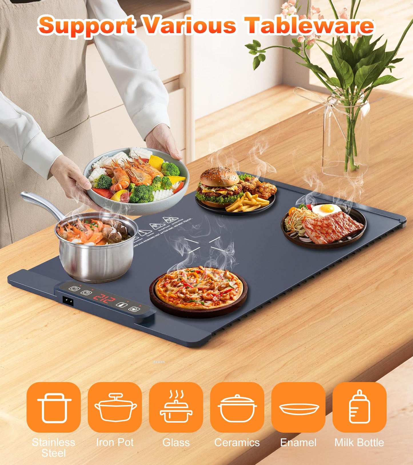 Warming Mat for Food, Food Warming Mat, 10-Second Rapid Heating Silicone Electric Tray, 5 Temperature Settings and 1-4 Hour Adjustable Timer, Foldable Portable Food Warmer, for Gatherings and Parties