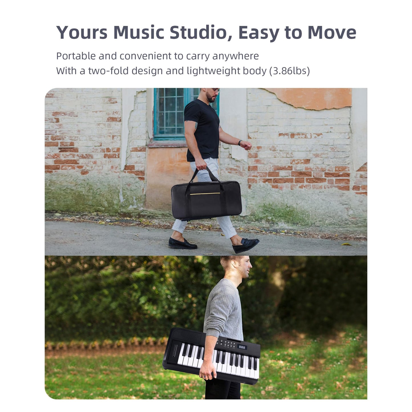 ADM 61 Key Folding Electric Piano Keyboard, Foldable Electronic Keyboard, Wireless 128 Tones, 128 Rhythms Includes Pedal, Gig Bag, Headphones for Beginners, Students, Teenagers, Adults, Black
