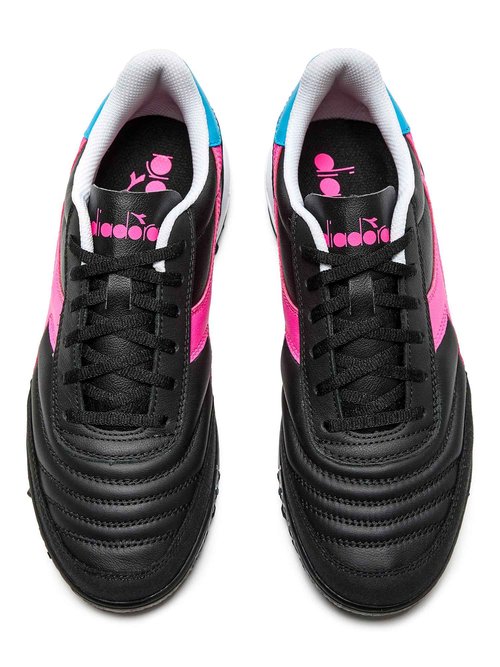 Diadora Calcetto LT Turf Soccer Shoes - Full Grain Leather, Enhanced Cushioning, Anti-Wear Rubber, Synthetic Turf, Optimal Traction and Stability, Black/Pink/Cyan Blue, 8.5 UK