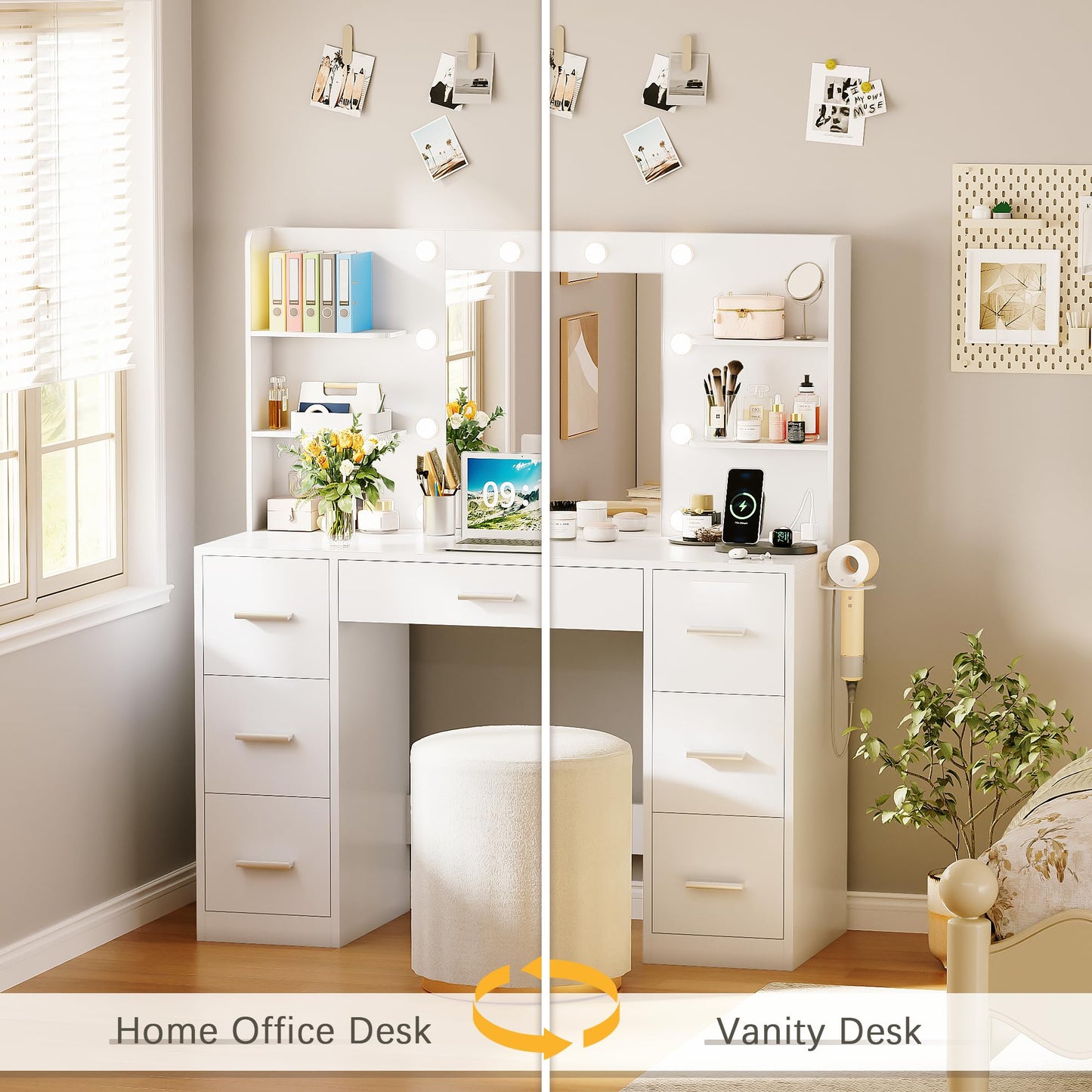 YESHOMY Vanity Desk with Mirror, Power Outlet and 10 Lights, Makeup Table with 7 Drawers, 3 Color Modes Available for Bedroom, Pure White