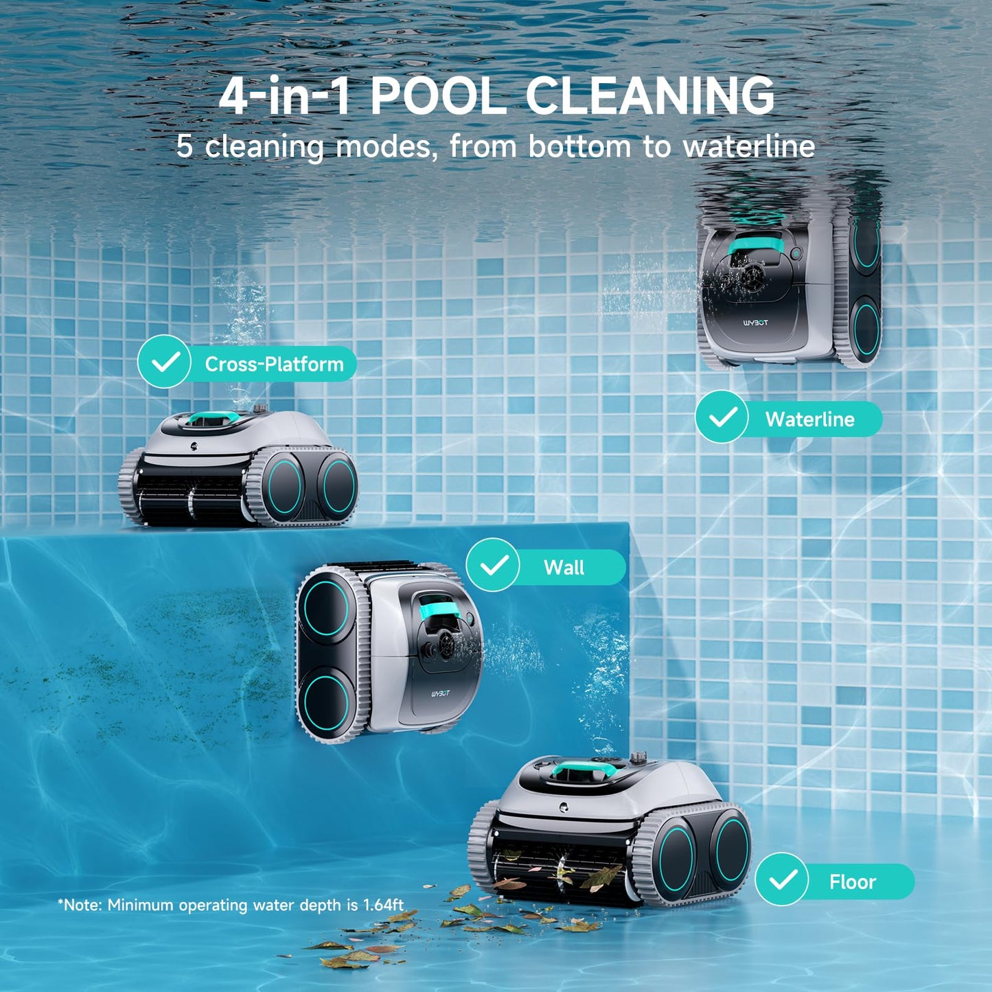 WYBOT C1 Cordless Robotic Pool Vacuum for Inground Pools, Above Ground Pool Cleaner 4-in-1 Wall & Waterline Cleaning Up to 1,614sq.ft, 150mins Smart Navigation, App Support (Grey with White)