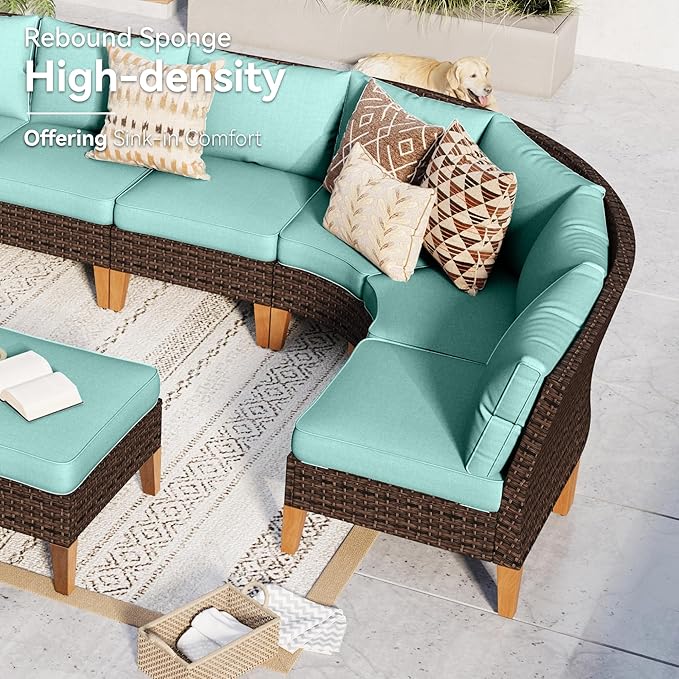 GREEN PARTY 7 Pieces Wicker Patio Furniture Set with 56" Fire Pit Table, All-Weather Outdoor Rattan Patio Half-Moon Curved Sectional Sofa Conversation Set with 4" Thick Cushions for Backyard (Blue)