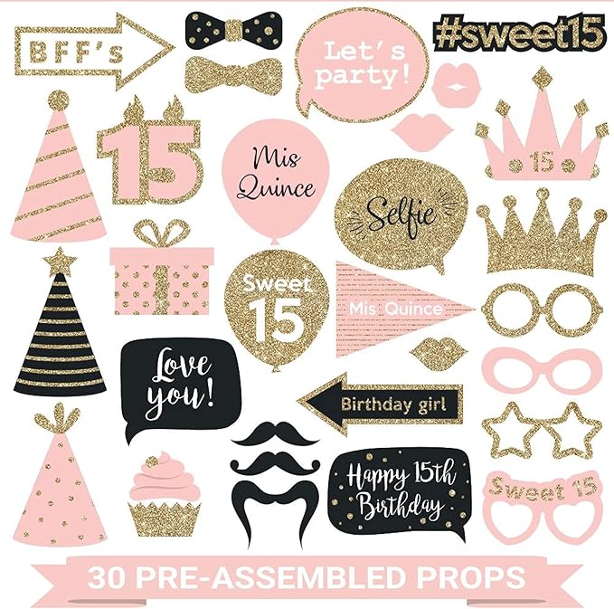 Fully Assembled 15 Birthday Quinceanera Photo Booth Props - Set of 30 - Pink & Gold Quince Selfie Signs - Cute 15th Party ...