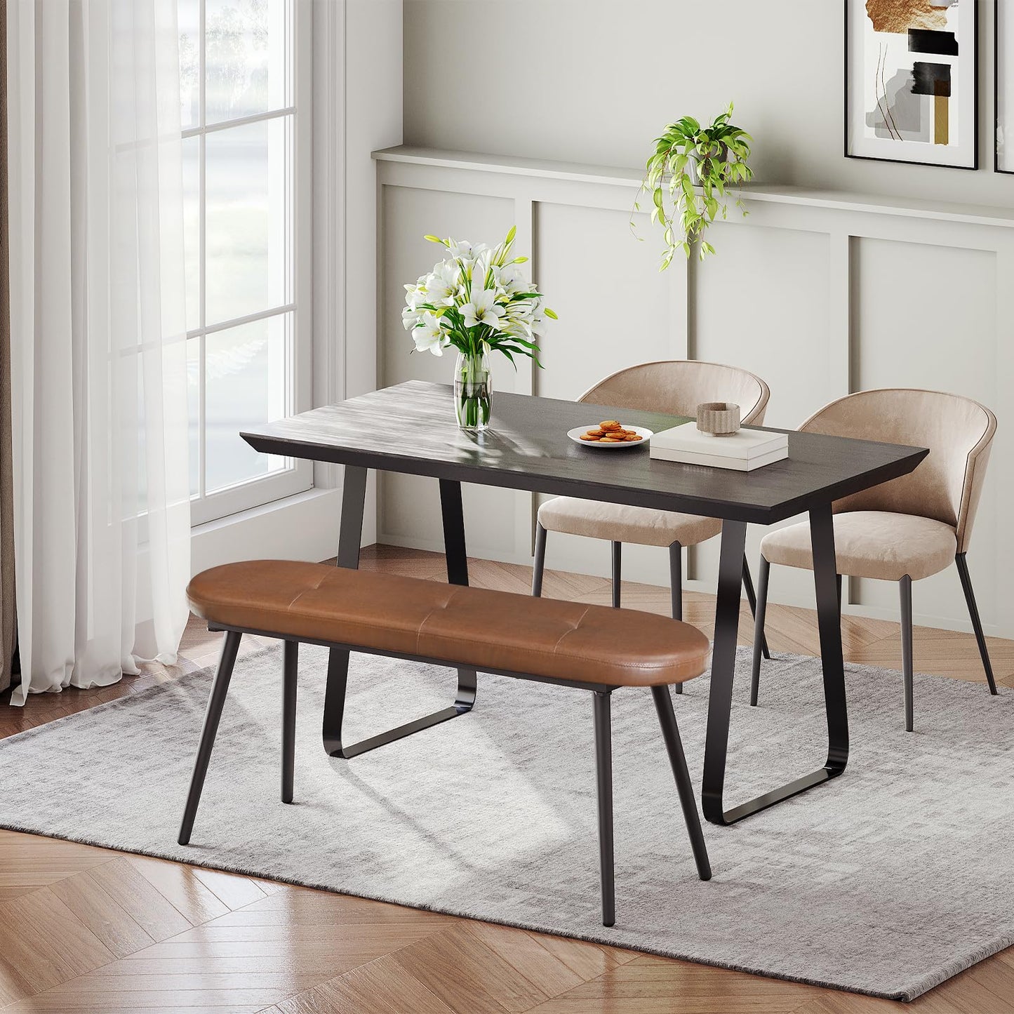 HOOBRO Dining Bench, Dining Room Bench, Upholstered Bench, with PU Leather Padded Seat, Steel Frame, Easy to Assemble, for Kitchen, Dining Room, Hallway, Bedroom, Entryway, Brown and Black CB100CD01
