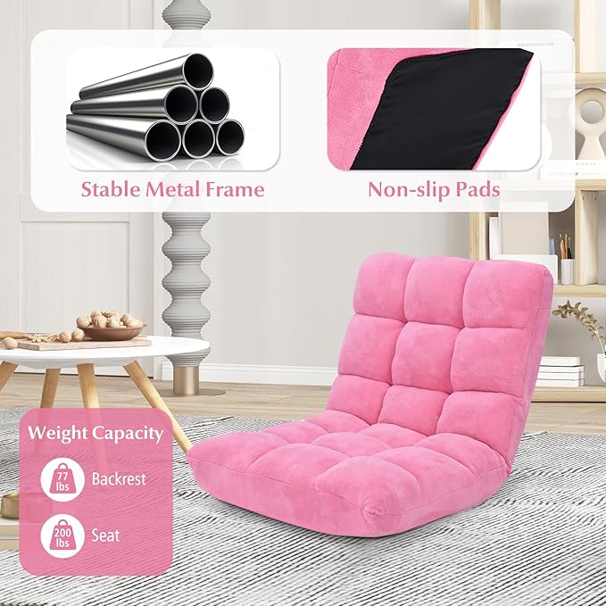 Folding Floor Chair w/Back Support, 14-Position Adjustable Lazy Sofa Chair w/Coral Velvet Fabric & Alloy Steel Frame, Portable Meditation Chair for Reading, Gaming,Sleeping (Pink)