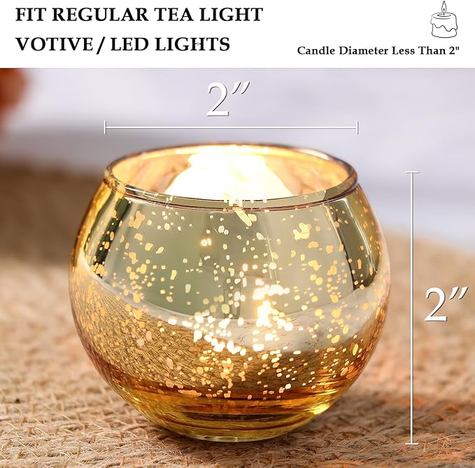 Volens Round Gold Votive Candle Holders, Mercury Glass Candle Holder Set of 12, Christmas Decorations for Table