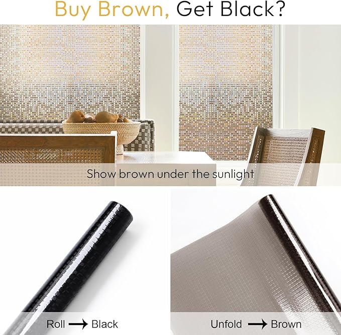rabbitgoo Window Privacy Film Stained Glass Window Film, Mosaic Rainbow Decorative Glass Cling, Removable Static Cling Tint, Non-Adhesive Privacy Covering for Home, Brown, 35.4 x 157.4 inches