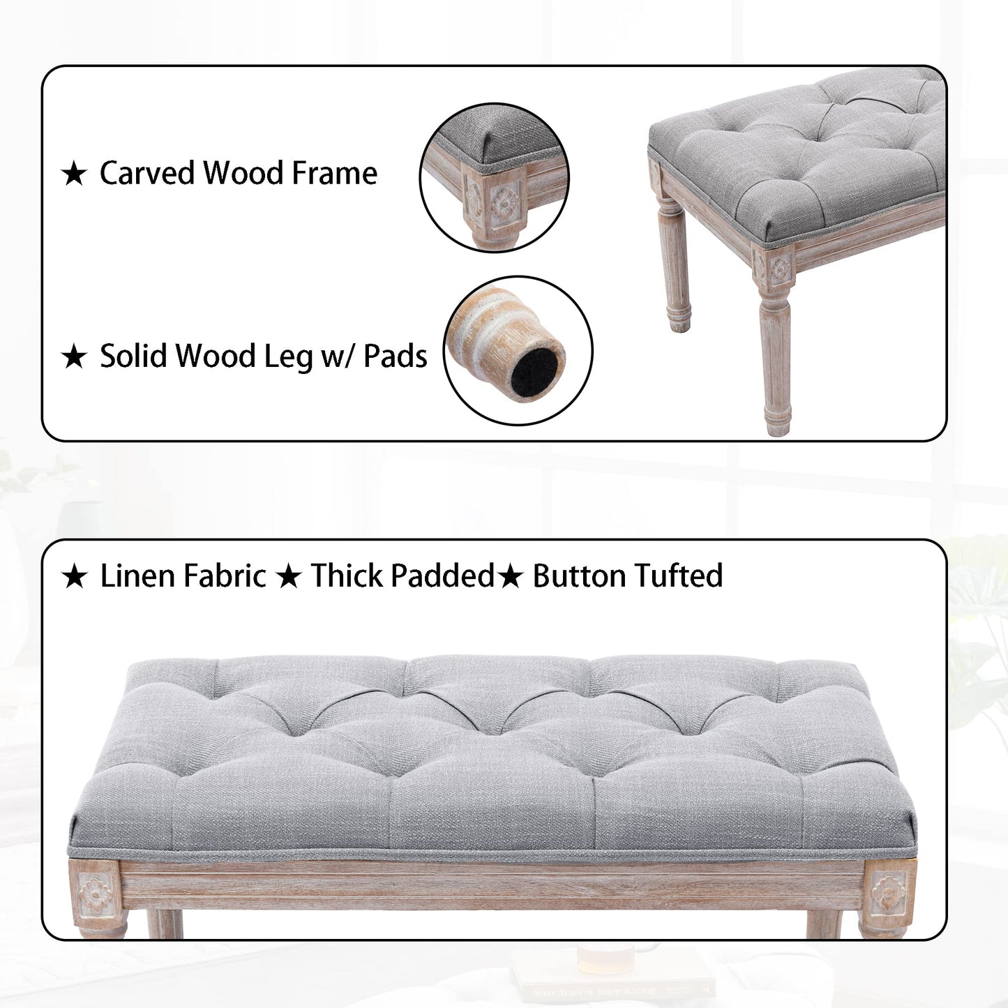 DM Furniture Ottoman Bench Upholstered Fabric Rectangle Entryway Bench, Tufted Piano Bench for 2 People, Rubber Wood Legs with Beautiful Carved Pattern for Bedroom/Living Room/Dining Room (Grey)