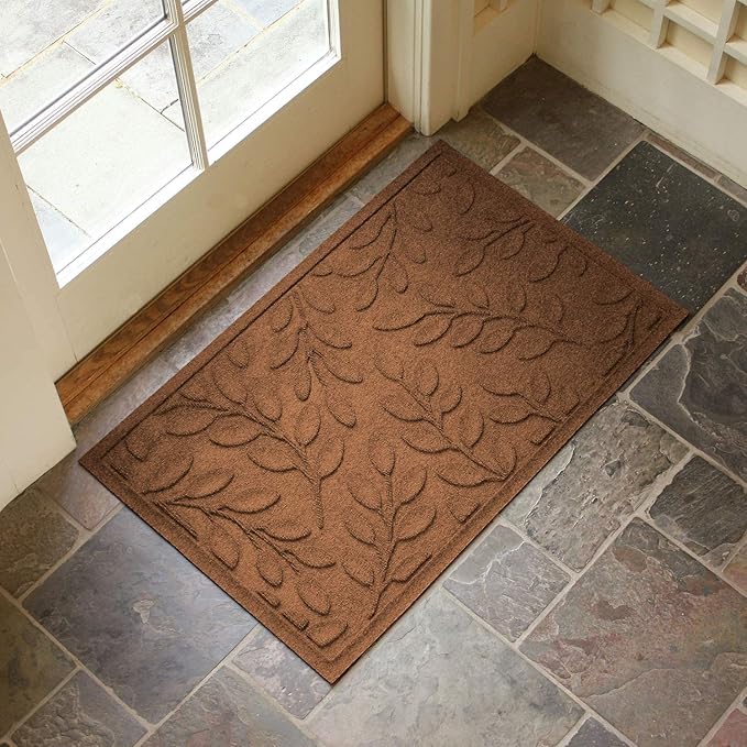 WaterHog Welcome Mat for Indoor/Outdoor, 3’ x 5’, Made in USA, Durable & Water-Resistant, Dirt Trapping Mat, Decorative Front Door and Entryway Rug, Brittney Leaf Design, Dark Brown