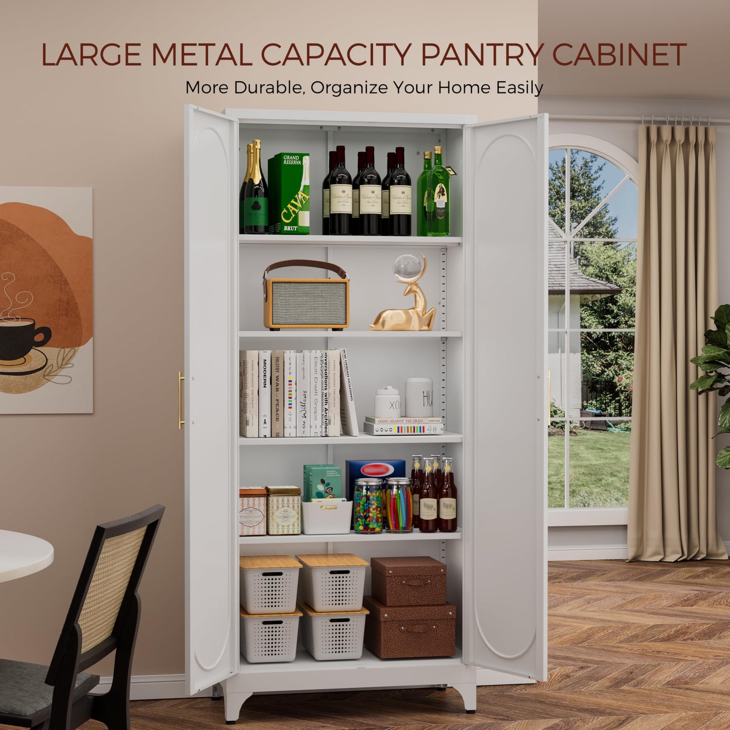 Kubohogar 75" Tall Kitchen Pantry Cabinet with 2 Doors and 4 Adjustable Shelves, White Metal Storage Cabinets, Kitchen Cupboard for Dinning Living Room, Bathroom, Laundry, Home Office