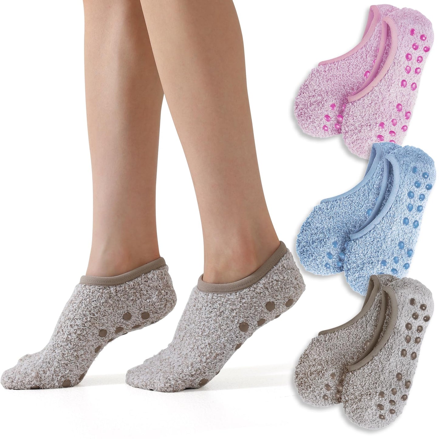 AmazingStone 3Pairs Cozy Winter Fuzzy Socks for Women With Grip Anti-Slip Fluffy Plush House Warm Ankle Socks