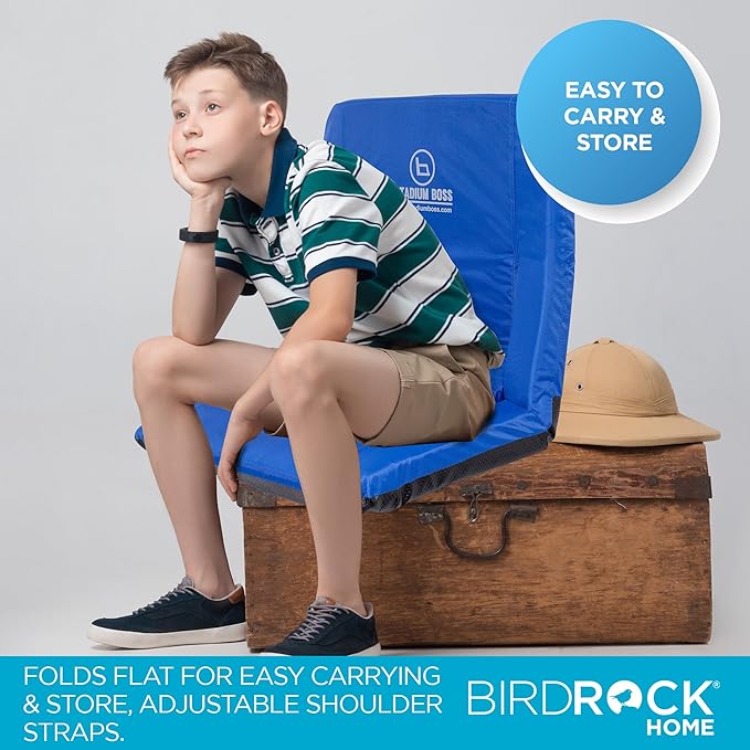 Stadium Boss Recliner Stadium Seat for Bleachers, Benches, Lawns, Backyard, Camping & Beach – Padded Sport Chair, Cushion Backs & Armrest – 6 Reclining Positions – Portable Carry Straps – Blue