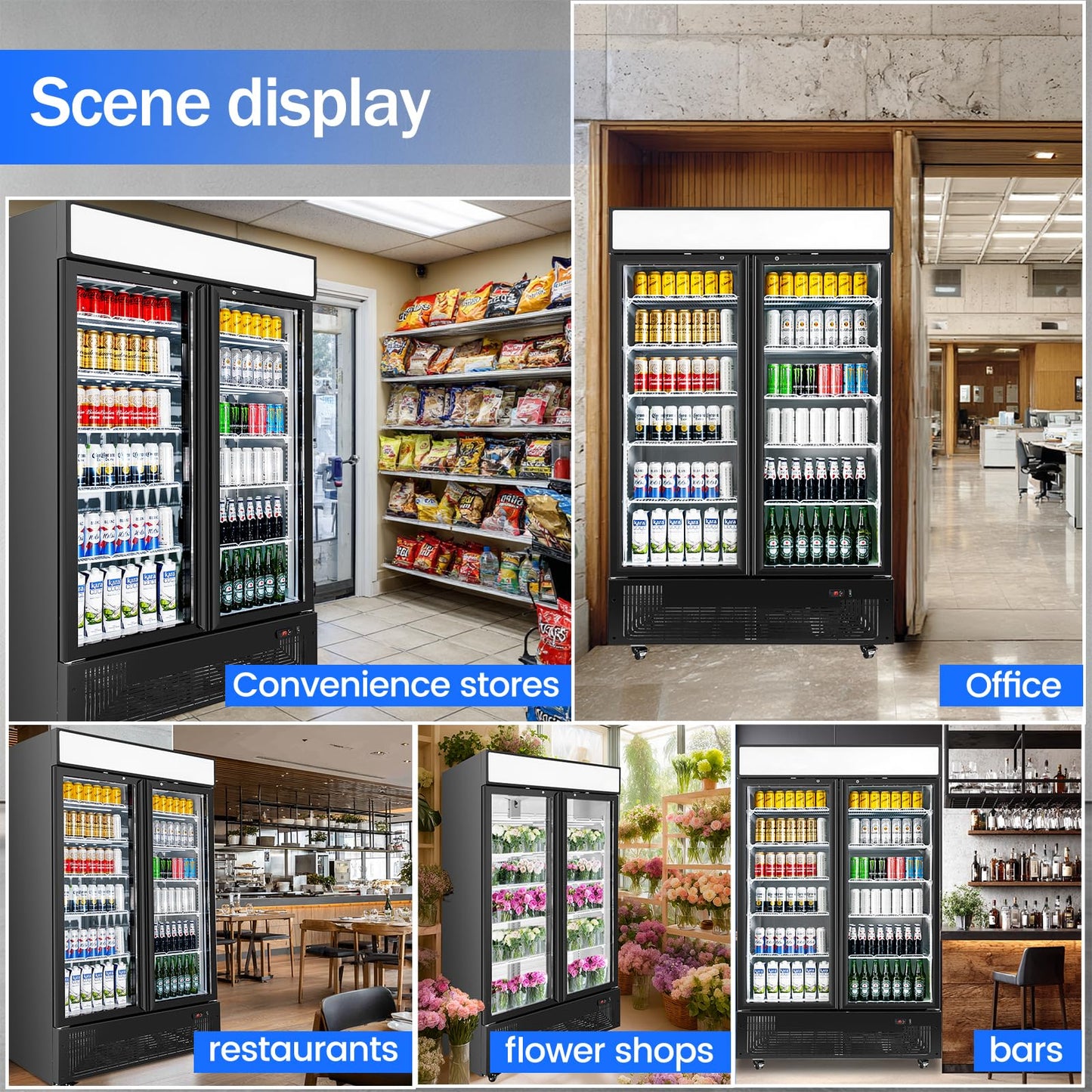 BINGERMA Commercial Merchandiser Display Refrigerator 40 Cu.ft. with 2 Glass Doors ETL Drink Cooler Beverage Fridge for Bars,Restaurants, Convenience Stores, Supermarkets and Offices