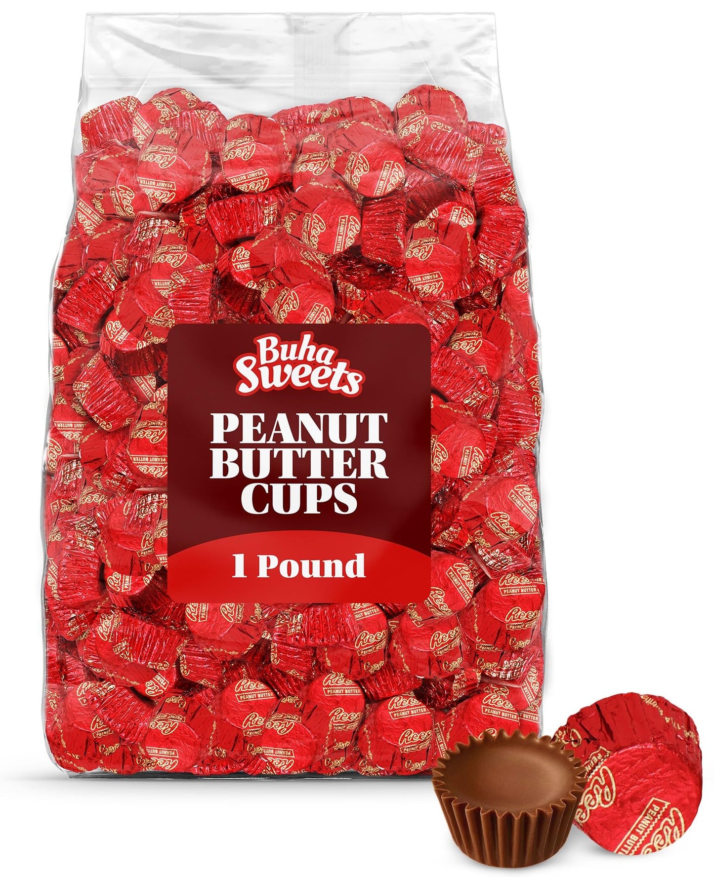 Bulk Milk Chocolate Peanut Butter Cups Miniatures 1 Pound - Individually Wrapped Chocolate Candy In Red Foil for Parties, Gift Bags, and Candy Buffets - Approx 55 Pieces