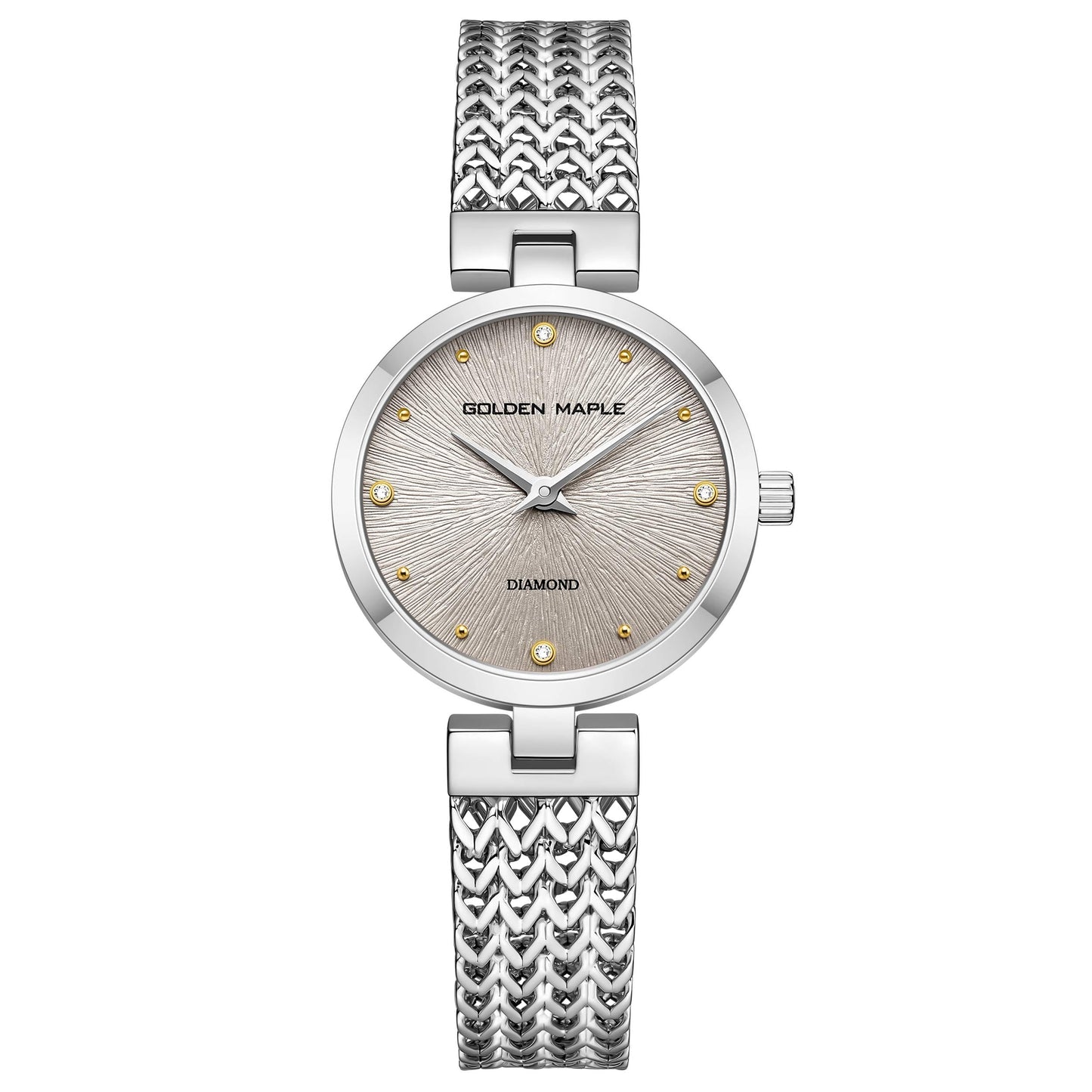 GOLDEN MAPLE Dainty Silver Watch for Women: Gray Embossed Dial with Diamond Time Markers, Adjustable Bracelet and Stylish Gift Watch Box (Gray)
