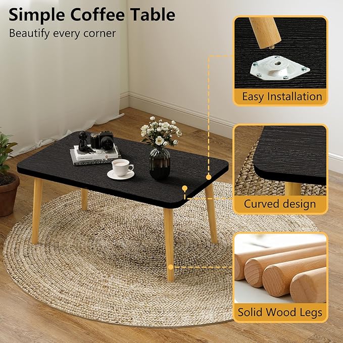 Funecy Coffee Table Low Table with Solid Wood Sturdy Legs, Floor Table Desk for Sitting on The Floor, Storage and Living Room Furniture (Black-Square)
