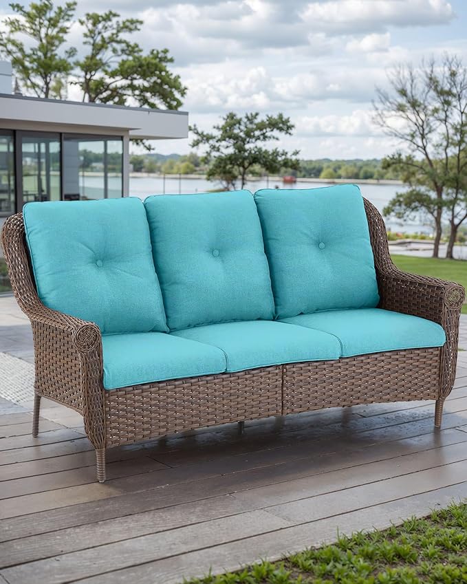 ACTREST Patio Sofa Outdoor Wicker Couch - Heavy Duty All-Weather Brown Rattan 3-Seater with High Back and Comfortable Thick Cushions for Garden Back Porch Poolside Apartment - Turquoise