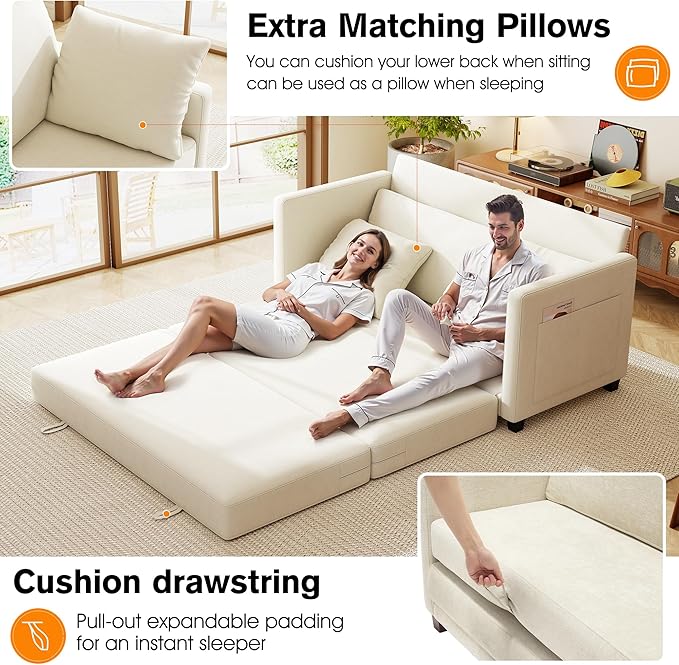 kakuboohi 65" Loveseat Sleeper Sofa Bed, Chenille Convertible Sofa Bed for Small Spaces, Folding Couch Bed with Deep Seat, Solid Frame, Pull Out Floor Couches for Living Room, Beige