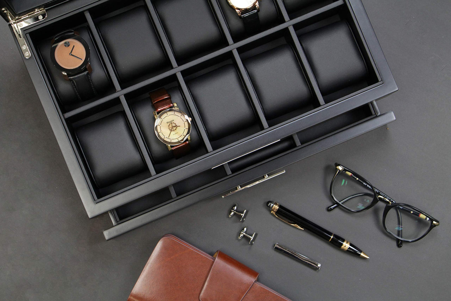 Decorebay Executive Wooden Watch Box Valet Box Sunglasses and Jewelry Box Storage Organizer (Sweetheart) (Brown)