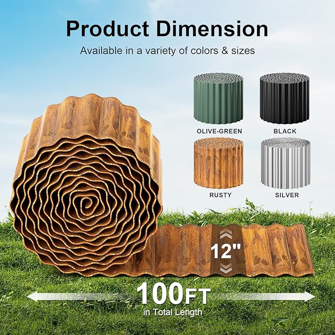 Land Guard Corrugated Garden Edging Border, 12" × 100' Landscape Paver Edging, Tall Landscape Edging, Fence for Garden, Flower Bed, Lawn and Landscape Edging (Rusty)