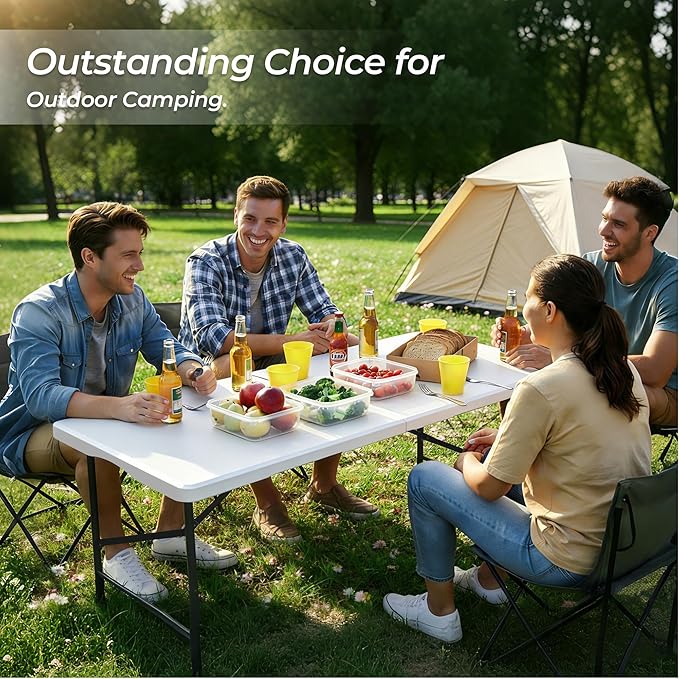 RootRise Folding Table Adjustable Height Portable Folding Tables Heavy Duty 400 lbs Capacity, Wood Grain Tabletop for Working Meeting Parties, Picnic, Camping, Weddings, Garden Dining (4FT-White)